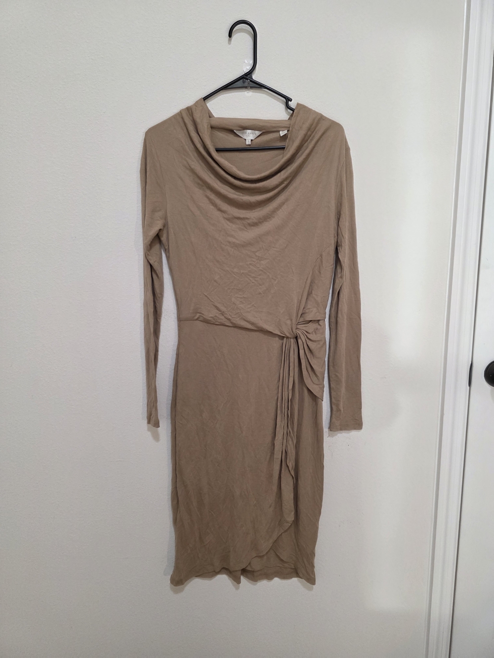 Ted Baker London Taupe Long Sleeve Cowl-Neck Tie-Waist Dress
